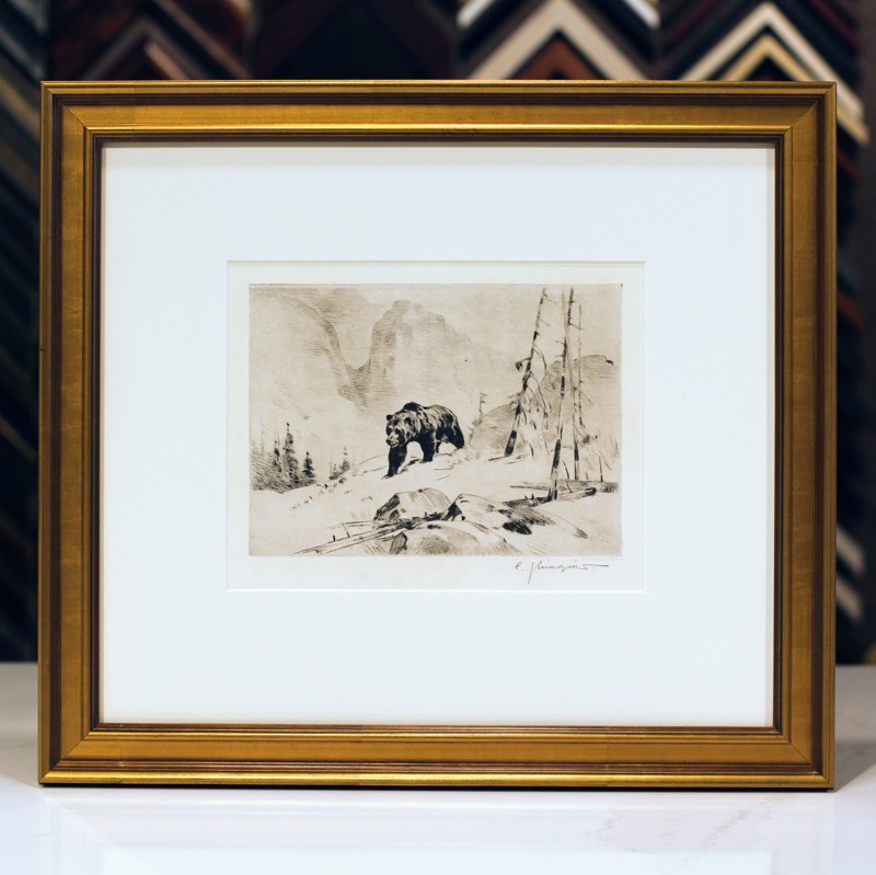 Etching in a double mat and gold frame