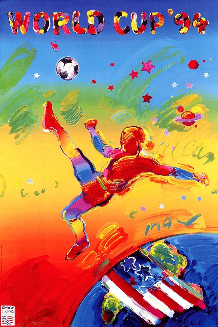 Colorful stylized painting of boy kicking soccer ball over globe with American flag by Peter Max
