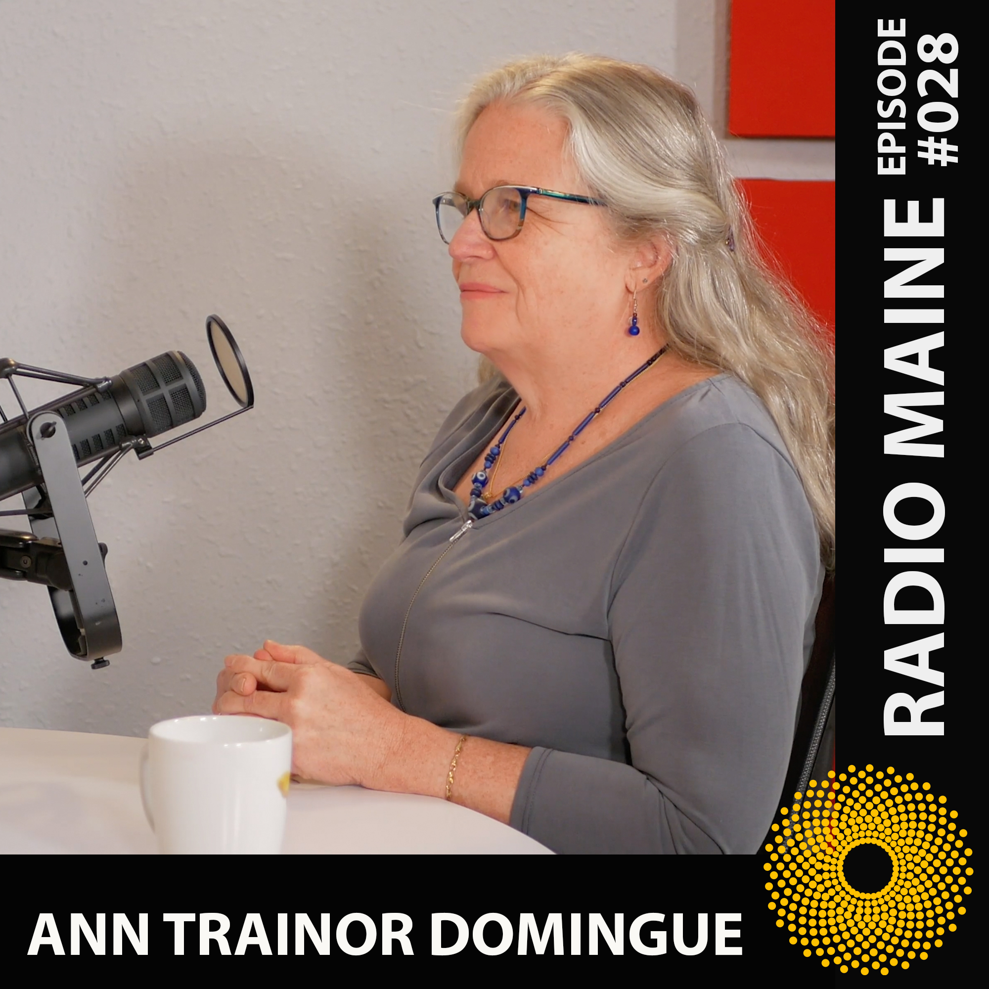 Maine artist Ann Trainor Domingue being interviewed on Radio Maine with Dr. Lisa Belisle