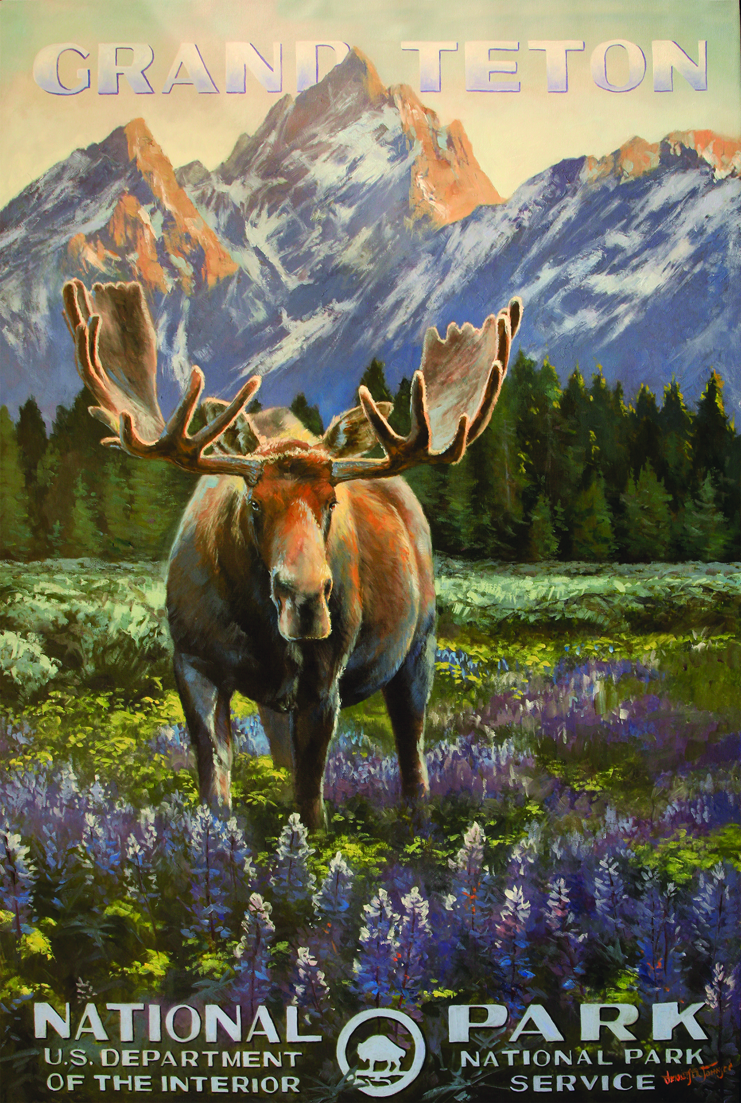 A Nostalgic National Parks Poster Reimagined By Artist Jennifer Johnson Features A Spring Moose In Front Of The Grand Teton Range